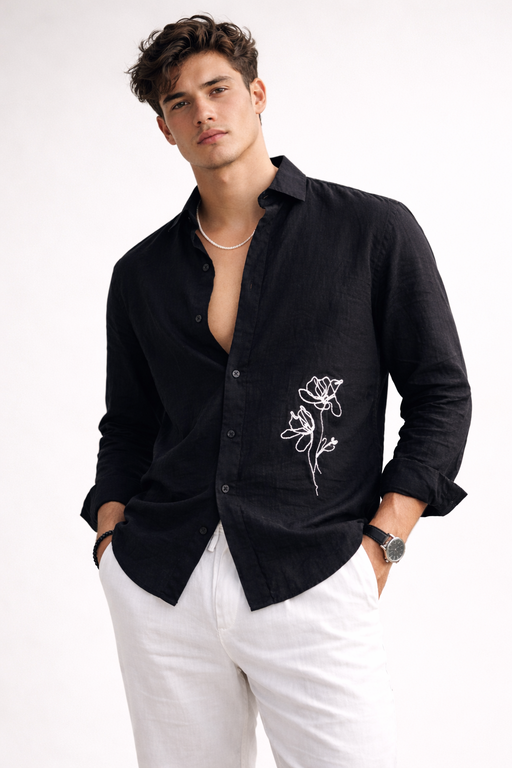 Premium Black Linen Shirt with White Floral Embroider
